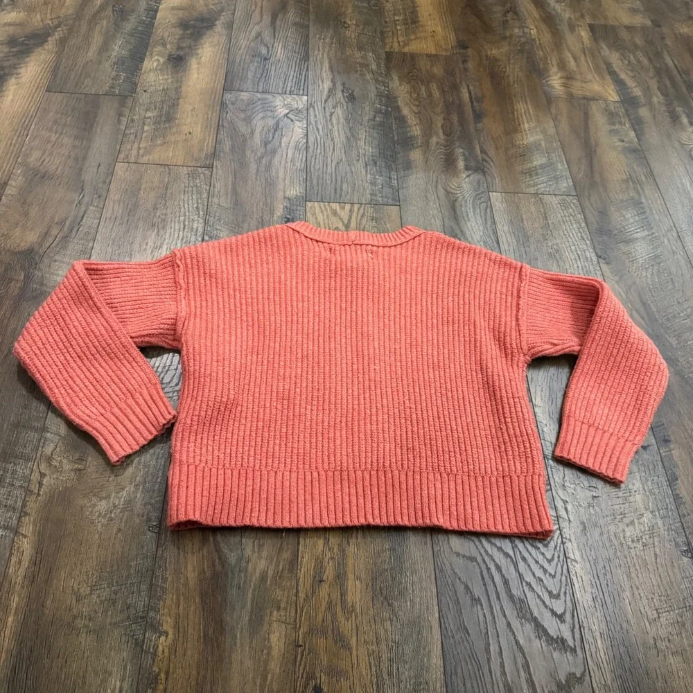 American Eagle Coral Pink Chunky Ribbed Knit Crewneck Sweater XS Cropped Cottage